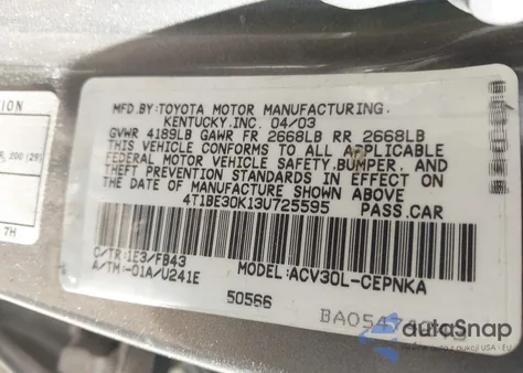 2003 Toyota Camry Le z USA, uszkodzony, nr VIN 4T1BE30K13U725595